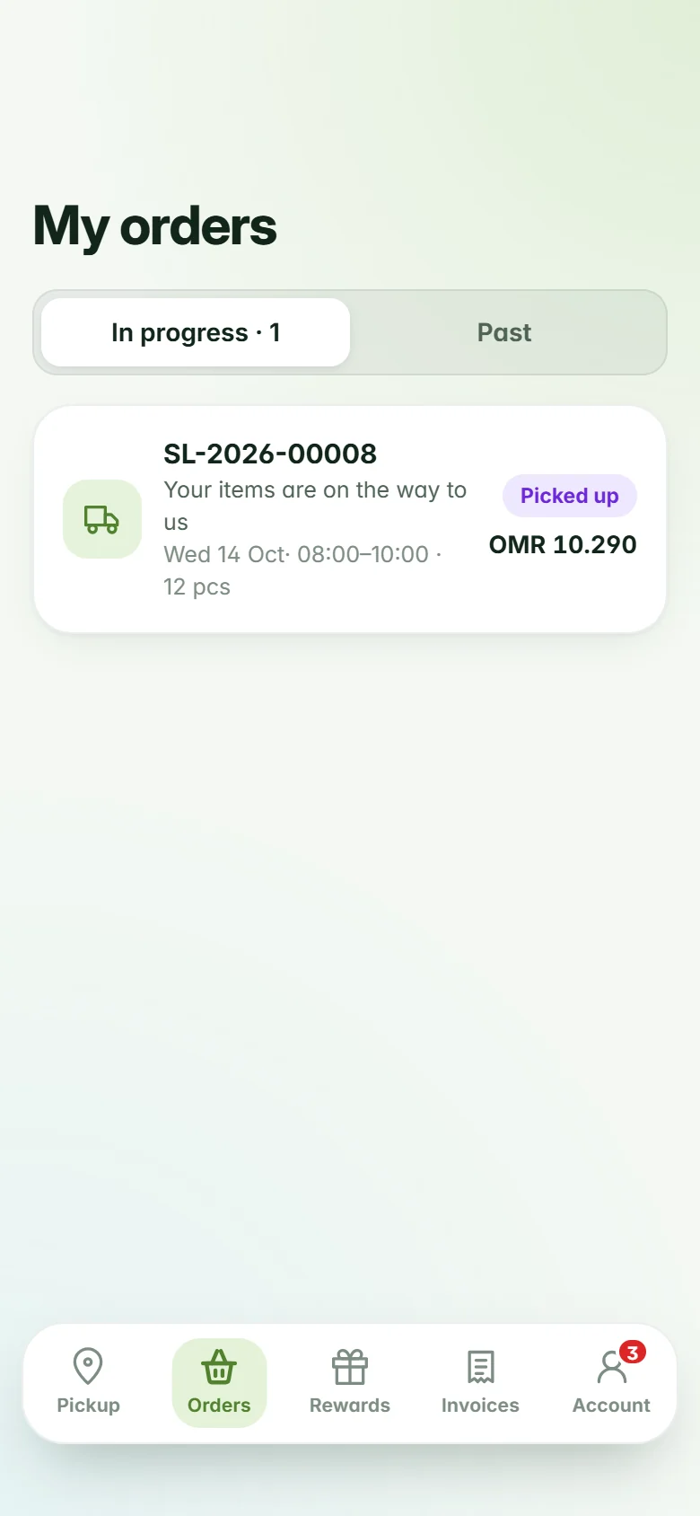 The orders screen in the Superlaundry app